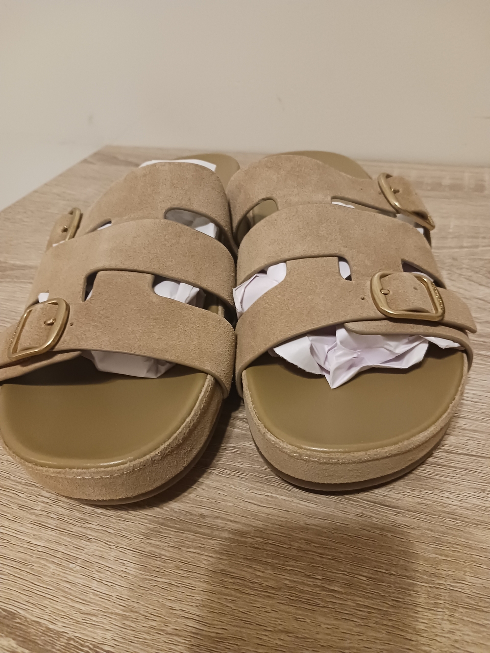 Vince Camuto Suede Double-Buckle Slide Sandals in Tan - Picture 2 of 9